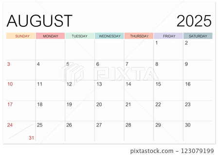 Calendar August 2025 page isolated on white background, Save clipping path. 123079199