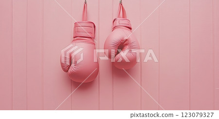 Pink boxing gloves hanging against a pink wall. Fighting breast cancer 123079327