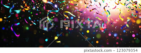 Multicolored light effect and zigzag ribbons falling from above. 123079354