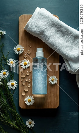 skincare product in a bottle placed on a rustic wooden board, towels and chamomile, warm sunlight. 123079356