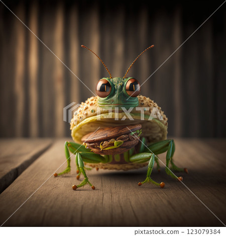 Burger with green grasshopper, insect protein in food products concept,  123079384