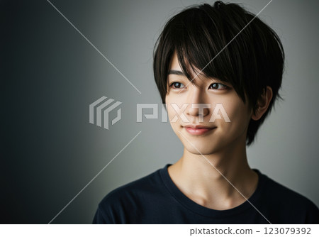 A young Japanese man smiling and gazing into the distance (AI-generated image) 123079392