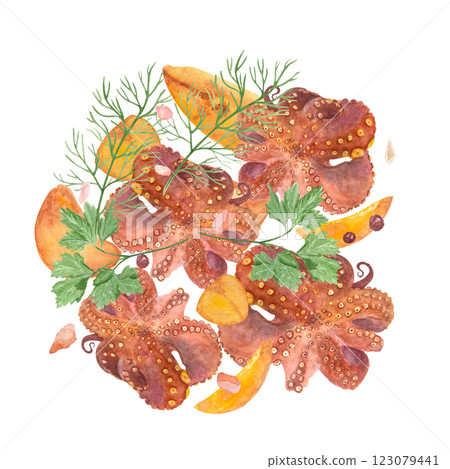 Fried octopus with potatoes, parsley, dill watercolor composition isolated on white. Hand-drawn sea food clip art perfect for cook books, blog posts, recipe, for posters, cards, kitchen decor design Fried octopus with potatoes, parsley, dill watercolor composition isolated on white. Hand-drawn sea food clip art perfect for cook books, blog posts, recipe, for posters, cards, kitchen decor design 123079441