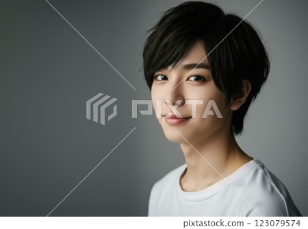 一名日本年輕男子對著鏡頭微笑（人工智慧產生的影像） 123079574