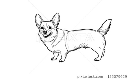Corgi dog line drawing. Cute pet illustration simple design. Prints, websites, pet products suitable usage. Black outline artwork white background 123079629