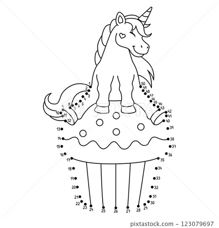 Dot to Dot Unicorn Sitting on a Cupcake Isolated Dot to Dot Unicorn Sitting on a Cupcake Isolated 123079697