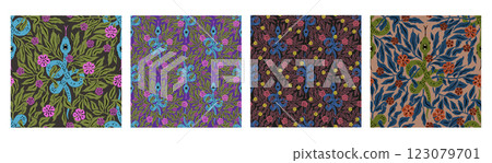 Set of seamless patterns with mystic floral snakes Set of seamless patterns with mystic floral snakes 123079701