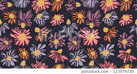 Seamless pattern with hand drawn colorful ditsy scribble flowers on brown background Seamless pattern with hand drawn colorful ditsy scribble flowers on brown background 123079720