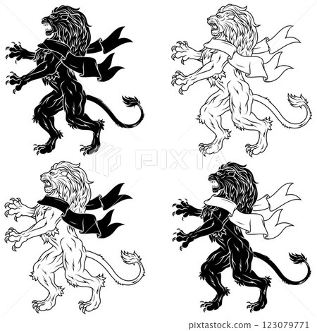 Rampant lion with heraldic ribbon Rampant lion with heraldic ribbon 123079771