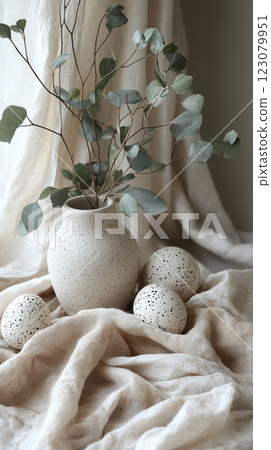 White ceramic vase with greenery and decorative eggs on a soft textile backdrop 123079951