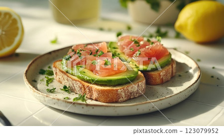 Delicious avocado toast topped with smoked salmon served at a sunny breakfast table 123079952