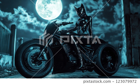 a mysterious, feline-masked woman in a sleek black latex suit sitting on a futuristic motorcycle 123079972
