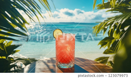 tropical cocktail with a vibrant pink hue and a lime garnish sits on a wooden table overlooking a stunning ocean view 123079973