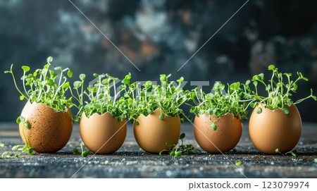 eco-friendly image features microgreens sprouting from cracked eggshells 123079974