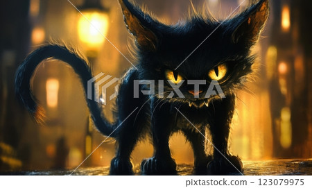 A dark, eerie black cat with glowing yellow eyes and sharp fangs stands menacingly in a dimly lit alleyway 123079975