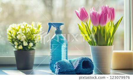 a spring cleaning scene with a spray bottle, a soft cleaning cloth, and fresh pink tulips in a white pot by a sunlit window 123079976