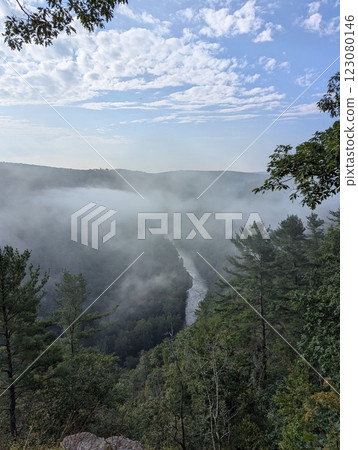 Foggy Morning Over PA Grand Canyon with Lush Forest and Scenic Views. 123080146