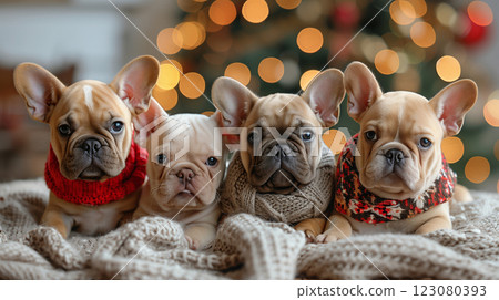 Three French bulldog puppies celebrate Christmas and New Year. Generative AI 123080393