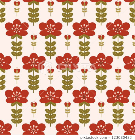 picture shows a bright pattern with a fancy red flower and a smaller bud next to it picture shows a bright pattern with a fancy red flower and a smaller bud next to it 123080483