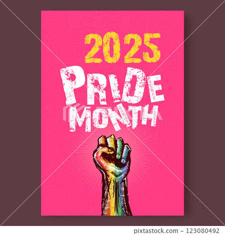 Happy pride month 2025 poster with Rised LGBT fist colored in lgbt flag isolated on pink background. LGBT Pride month 2025 perfect background for posters, cover art, flyer, sticker and banner. 123080492