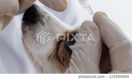 veterinarian ophthalmology doctor instilling eye drops to dog's eyes, banner, installation of medicaments veterinarian ophthalmology doctor instilling eye drops to dog's eyes, banner, installation of medicaments 123080668