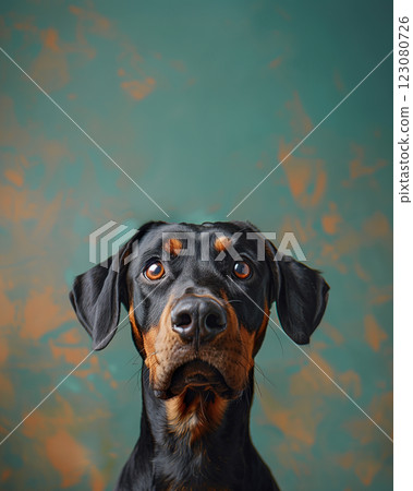 A Doberman dog portrait. A dog visits veterinary clinic. Generative AI. Copy space, banner. 123080726