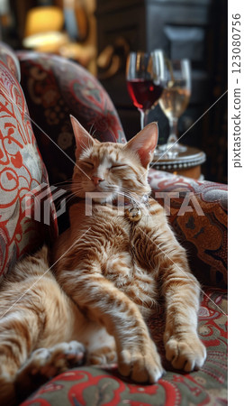 Cat and wine. A cat lounging on a chair, its eyes closed in serene repose. In the background, there's a wine. Generative AI 123080756