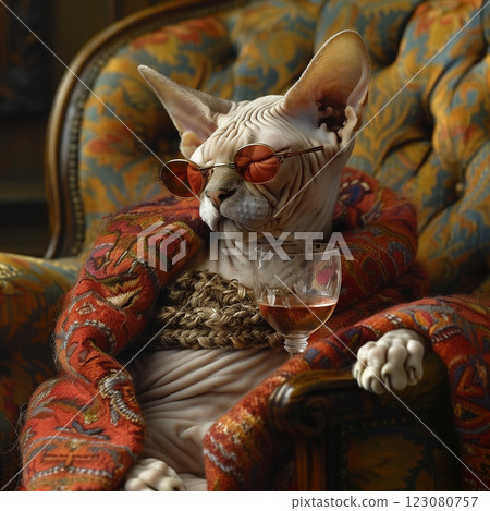 Cat sphynx and wine. A cat lounging on a chair, its eyes closed in serene repose, it has luxurious glasses and wearing. There's a wine near on chair. Generative AI 123080757