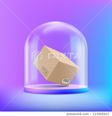Cardboard box under glass dome. 123080825