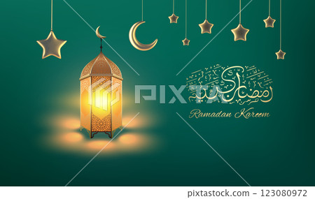 Golden Ramadan lantern vector with crescent moon and stars on green background, elegant Islamic decoration, Ramadan calligraphy, festive Eid Mubarak greeting card. Luxury spiritual design Golden Ramadan lantern vector with crescent moon and stars on green background, elegant Islamic decoration, Ramadan calligraphy, festive Eid Mubarak greeting card. Luxury spiritual design 123080972