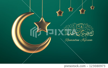 Golden crescent moon vector and stars with Ramadan calligraphy on green background, elegant Ramadan Kareem greeting card, festive Islamic decoration. Luxury Eid Mubarak celebration design Golden crescent moon vector and stars with Ramadan calligraphy on green background, elegant Ramadan Kareem greeting card, festive Islamic decoration. Luxury Eid Mubarak celebration design 123080973