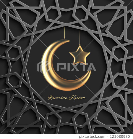 Elegant Ramadan Kareem greeting card with a golden crescent moon and star, surrounded by intricate geometric Islamic patterns on black islamic pattern background, symbolizing spirituality, faith, and 123080980