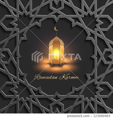 Elegant Ramadan Kareem greeting card featuring a glowing Arabic lantern, intricate geometric Islamic patterns, and golden calligraphy on black islamic pattern background, symbolizing spirituality Elegant Ramadan Kareem greeting card featuring a glowing Arabic lantern, intricate geometric Islamic patterns, and golden calligraphy on black islamic pattern background, symbolizing spirituality 123080983