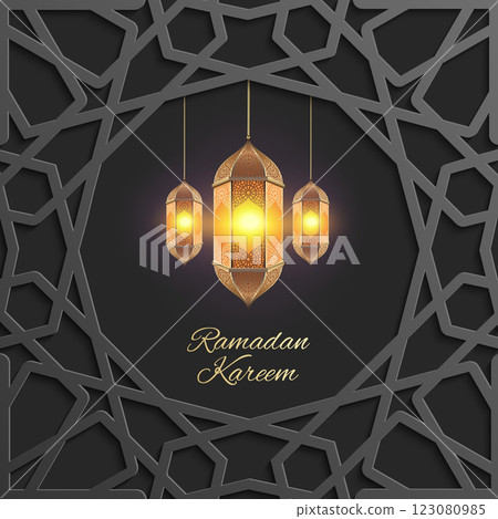 Elegant Ramadan Kareem greeting card featuring glowing Arabic lanterns, black islamic pattern and golden calligraphy on a dark background, symbolizing spirituality, faith, and festivity. 123080985