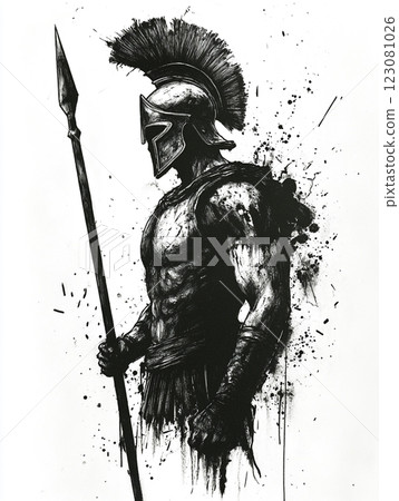 A black and white illustration of a Spartan warrior in profile, wearing a plumed helmet and holding a spear, with splattered ink effects adding a dramatic and dynamic feel. A black and white illustration of a Spartan warrior in profile, wearing a plumed helmet and holding a spear, with splattered ink effects adding a dramatic and dynamic feel. 123081026