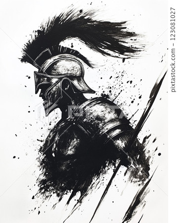 A black and white illustration of a Spartan warrior in profile, wearing a plumed helmet and holding a spear, with splattered ink effects adding a dramatic and dynamic feel. A black and white illustration of a Spartan warrior in profile, wearing a plumed helmet and holding a spear, with splattered ink effects adding a dramatic and dynamic feel. 123081027
