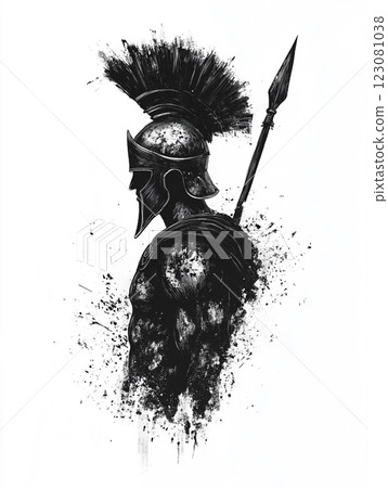A black and white illustration of a Spartan warrior in profile, wearing a plumed helmet and holding a spear, with splattered ink effects adding a dramatic and dynamic feel. A black and white illustration of a Spartan warrior in profile, wearing a plumed helmet and holding a spear, with splattered ink effects adding a dramatic and dynamic feel. 123081038