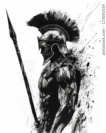 A black and white illustration of a Spartan warrior in profile, wearing a plumed helmet and holding a spear, with splattered ink effects adding a dramatic and dynamic feel. 123081039