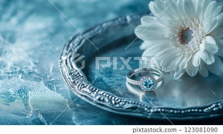 海藍寶石戒指和白花 123081090