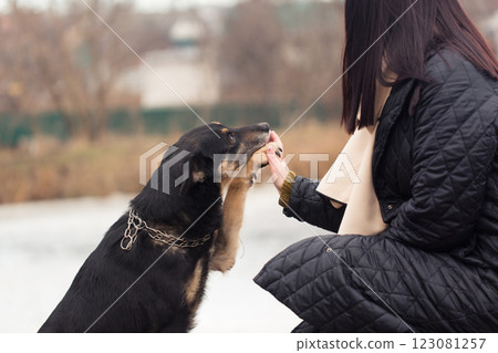 Woman in coat teaches dog to give paw 123081257