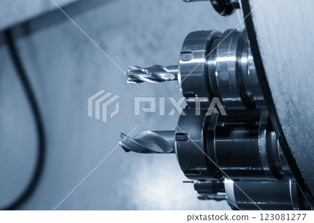 The hole tool in the tool magazine of machining center in the light blue scene. 123081277