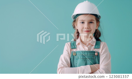 Little girl white helmet engineer entrepreneur development profession 123081337