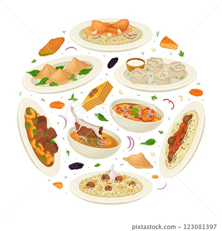 Uzbek Cuisine Dish and Meal Round Composition Vector Template 123081397