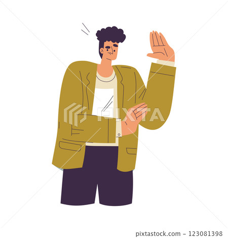 Displeased Man Character Stand with Frown Face as Gesture of Rejection Vector Illustration 123081398