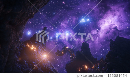 A beautiful night sky with a purple and blue hue. The sky is filled with stars and the mountains are covered in snow 123081454