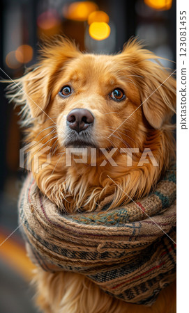 dog cuddled in snood scarf, cold, gas deficit banner 123081455