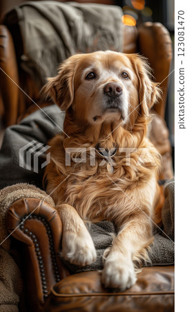 Golden retriever dog in chair 123081470