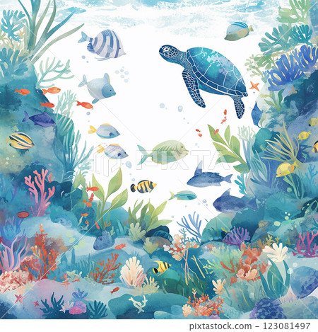 A turtle swims through a coral reef with fish swimming around it. The scene is vibrant and lively, with a sense of movement and energy. The colors of the coral and fish are bright and vivid 123081497