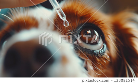 veterinarian ophthalmology doctor instilling eye drops to dog's eyes, banner, installation of medicaments 123081514