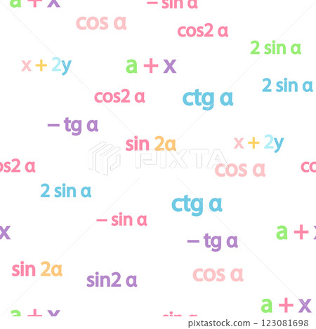 Seamless pattern with mathematical formulas and numbers. Algebra and geometry, calculations tangent, cotangent, sine, cosine 123081698